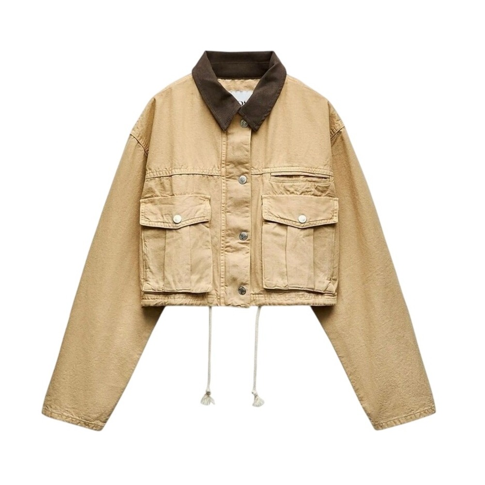 Zara Women Tan Cropped Utility Jacket Corduroy Collar Cargo Pockets XS